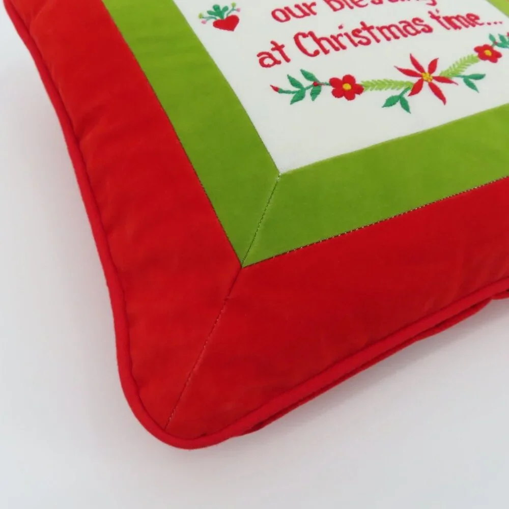 VTG Silvestri Merry Christmas Embroidered Green Red Square Holiday Throw Pillow